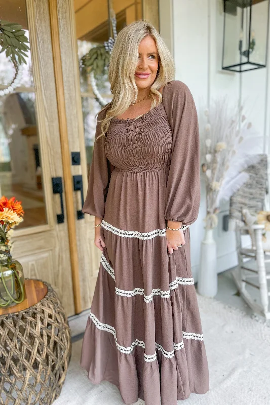 Adam Long Sleeve Smocked Lace Detail Tiered Maxi Dress Comfortable Fit-and-Flare Maxi Dress