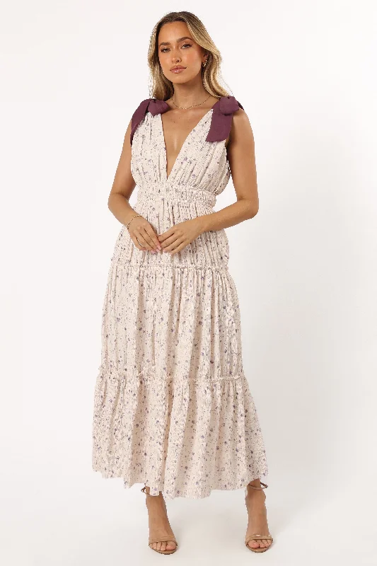 Adeline Maxi Dress - Ivory/Purple Elegant Tiered Maxi Dress