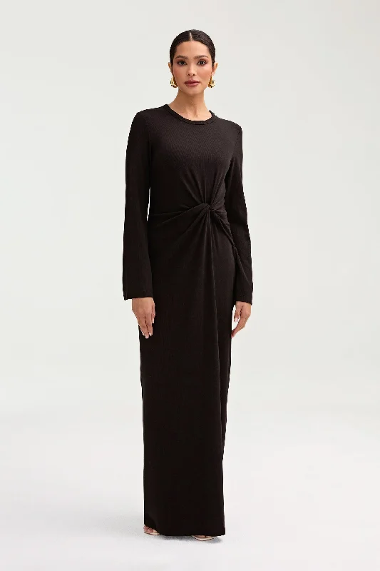 Aissia Ribbed Twist Front Maxi Dress - Black Fashionable Open-Back Maxi Dress