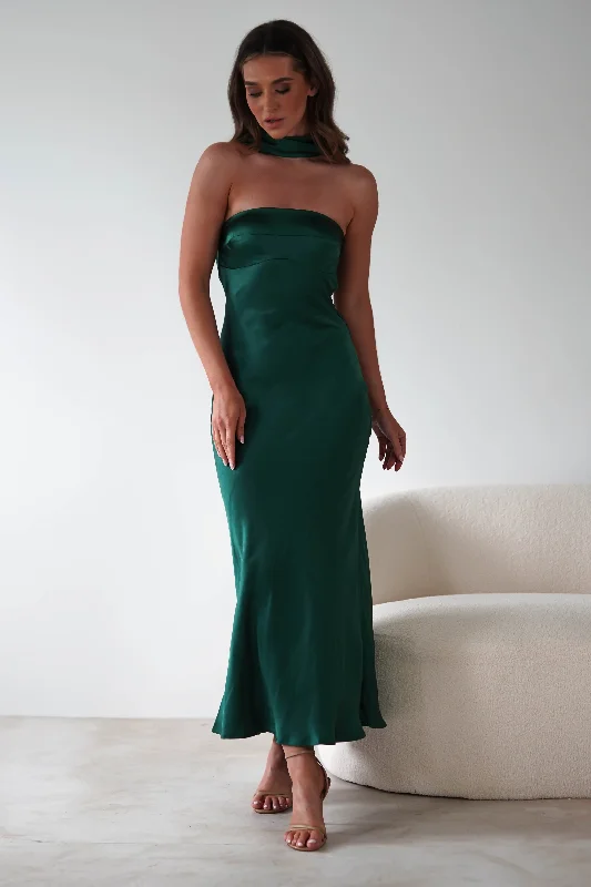 Alice Soft Satin Maxi Dress | Emerald Green Fashionable Asymmetrical Maxi Dress