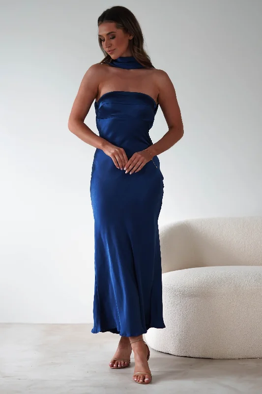 Alice Soft Satin Maxi Dress | Navy Cozy Ruffle Sleeve Maxi Dress