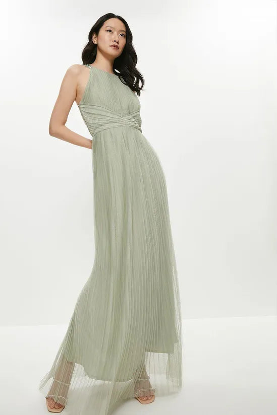 All Over Pleated Bridesmaid Maxi Dress Trendy Maxi Dress with Belt