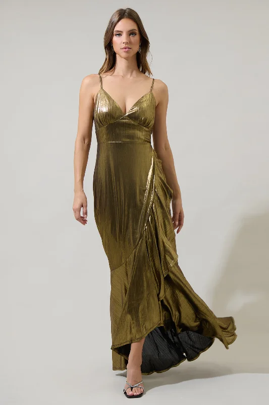 Andorra Metallic Doris Ruffle Maxi Dress Elegant Velvet Maxi Dress