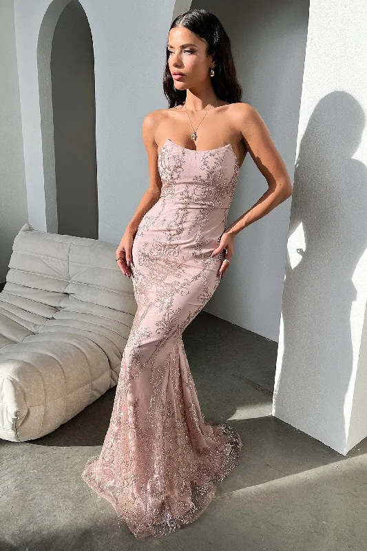 Ardell Maxi Dress - Pink Glitter Elegant Maxi Dress with Lace