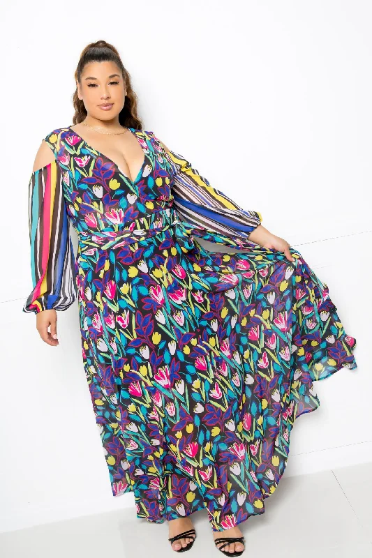 Multi Print Chiffon Maxi Dress Cozy Ruffle Sleeve Maxi Dress