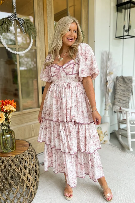 Beverly Floral Print Bubble Sleeve Maxi Dress  *FINAL SALE* Elegant Pleated Maxi Dress