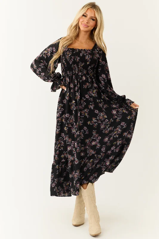 Black Floral Smocked Babydoll Long Sleeve Maxi Dress Fashionable High-Low Maxi Dress