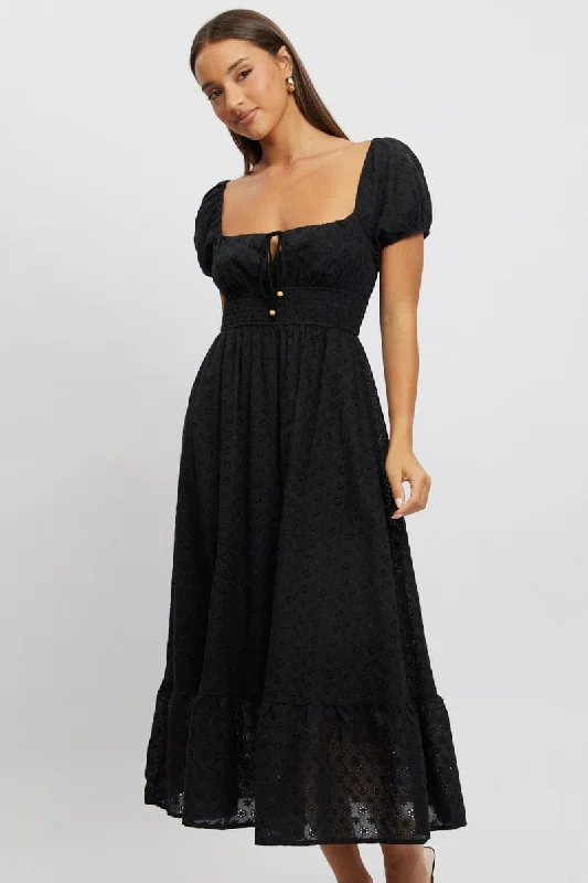 Black Maxi Dress Puff Sleeve Eyelet Fabric Comfortable Cotton Maxi Dress