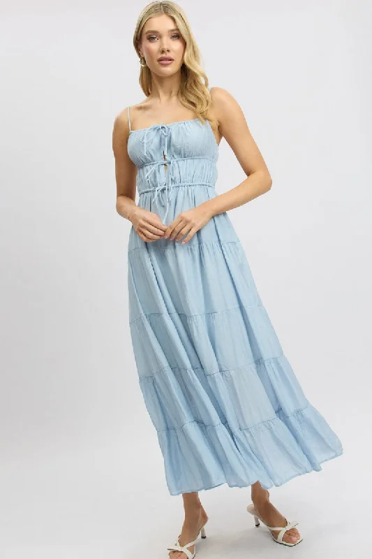 Blue Maxi Dress Ruched Detail Comfortable Bohemian Maxi Dress