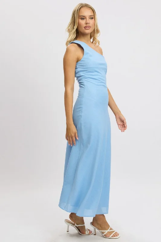 Blue One Shoulder Maxi Dress Fashionable Button-Down Maxi Dress