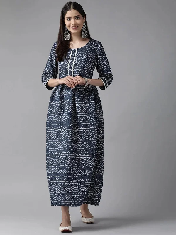 Blue Printed Silk Blend Maxi Dress Fashionable Asymmetrical Maxi Dress