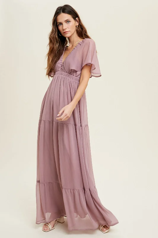 Chiffon Maxi Dress | Mauve Fashionable Faux Wrap Maxi Dress