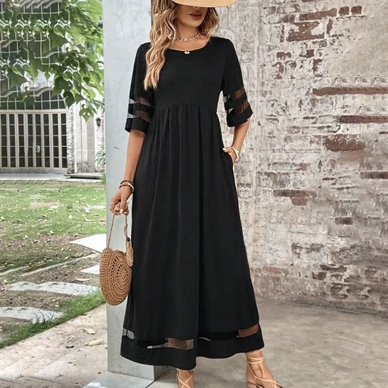 Cool Plain Black 3/4 Sleeve Maxi Dress Chic Off-Shoulder Maxi Dress