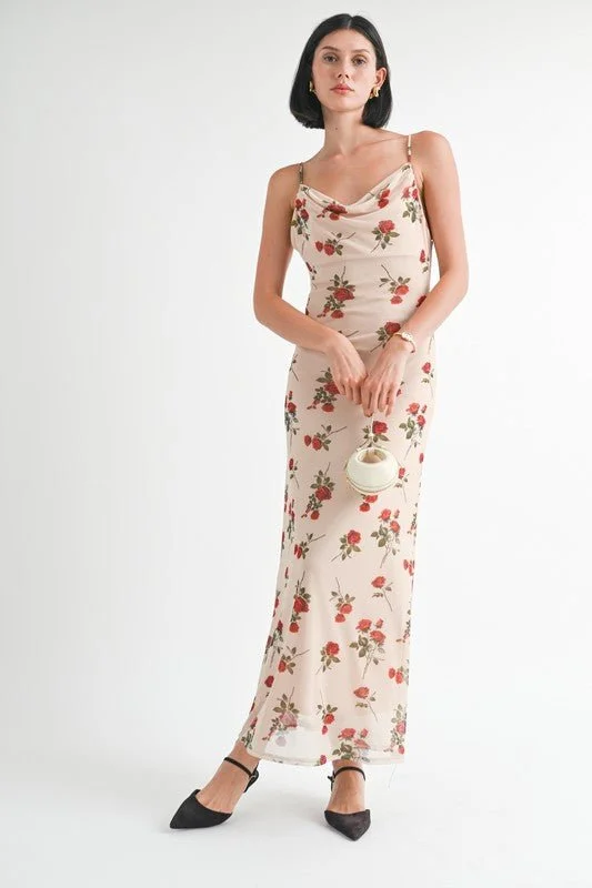 Floral Cowl Neck Maxi Dress Trendy Fit-and-Flare Maxi Dress