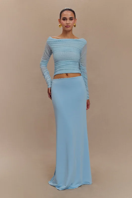 Darla Mesh And Slinky Off Shoulder Maxi Dress - Sky Blue Elegant Silk Maxi Dress