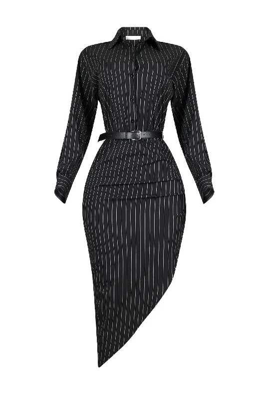 Eileen Pin Stripe Collared Maxi Dress With Belt Trendy A-Line Maxi Dress