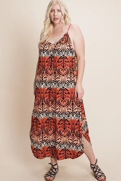 Plus Size Tie Dye Ombre Damask Print Anna Print Cami Maxi Dress Comfortable Bohemian Maxi Dress