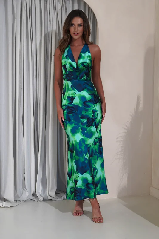 Fiji Soft Satin Maxi Dress | Green Print Elegant Maxi Dress with Lace