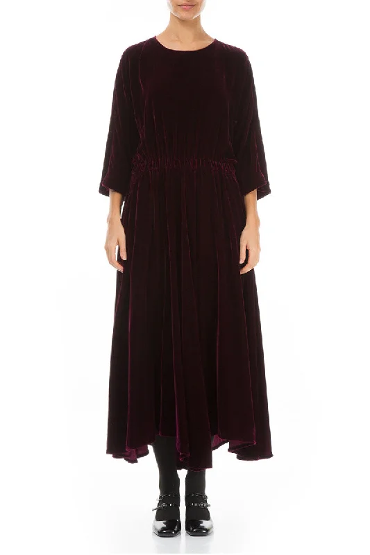 Flowy Magenta Silk Velvet Maxi Dress Stylish One-Shoulder Maxi Dress