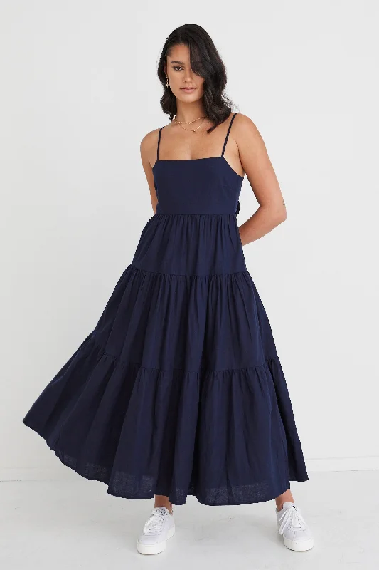 Galaxy Navy Linen Tie Back Tiered Strappy Maxi Dress Trendy Maxi Dress with Bow