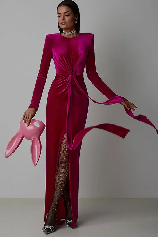 Glamorous Long Sleeve Twist Draped Front Split Velvet Evening Maxi Dress - Rose Comfortable Bohemian Maxi Dress