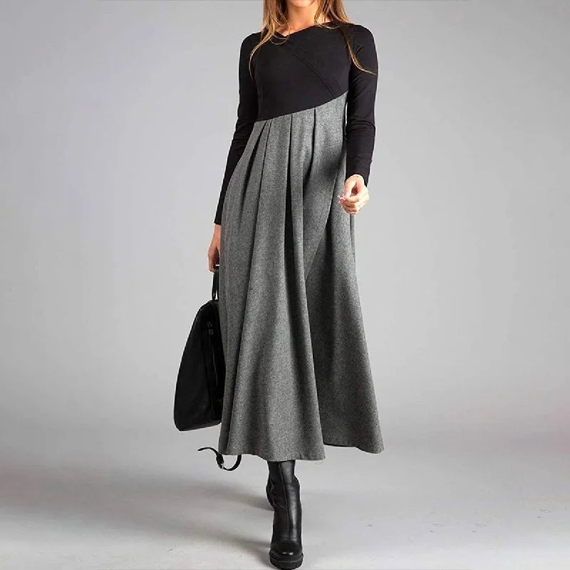 Grey Long Sleeve Color Block Maxi Dress Trendy Maxi Dress with Belt