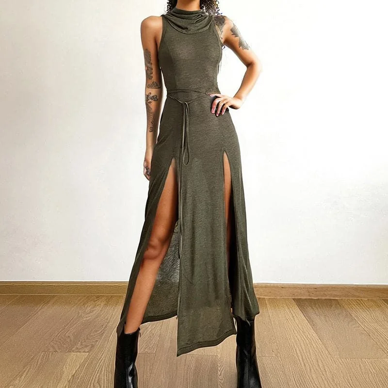 Hoodie sleeveless slit hollow out self tie cowl neck cut out maxi dress Cozy Spaghetti Strap Maxi Dress