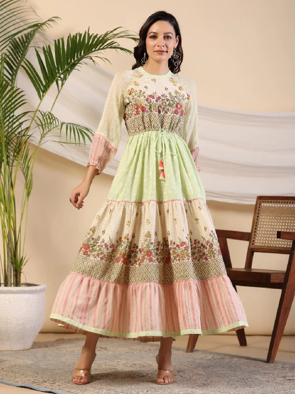 Jashvi Green Wonderland Cotton & Chiffon Floral Printed Tiered Maxi Dress With Lace & 3D Handwork Stylish Pleated A-Line Maxi Dress