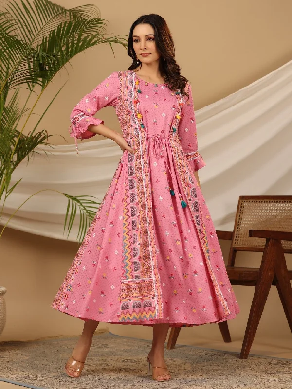 Jashvi The Banjara Pink Rayon Ethnic Motif Printed Layered Maxi Dress With 3D Handwork & Tie-Ups Comfortable Casual Maxi Dress