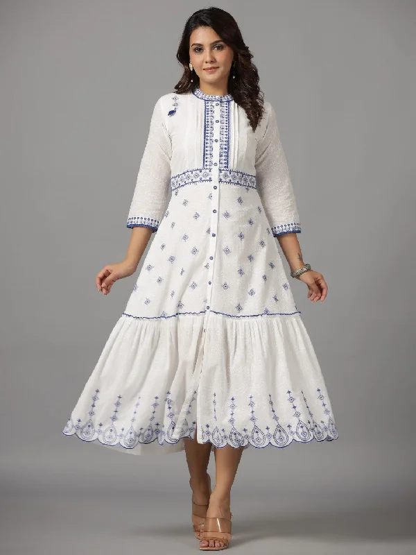 Jashvi White & Blue Cotton Dobby Ethnic Motif Embroidered Tiered Maxi Dress Fashionable Sheer Maxi Dress