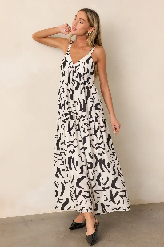 Just Having Fun White Abstract Maxi Dress Trendy Button Front Maxi Dress