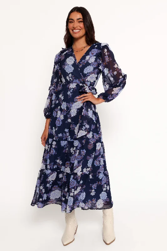 Korina Long Sleeve Maxi Dress - Vintage Blues Elegant Pleated Maxi Dress