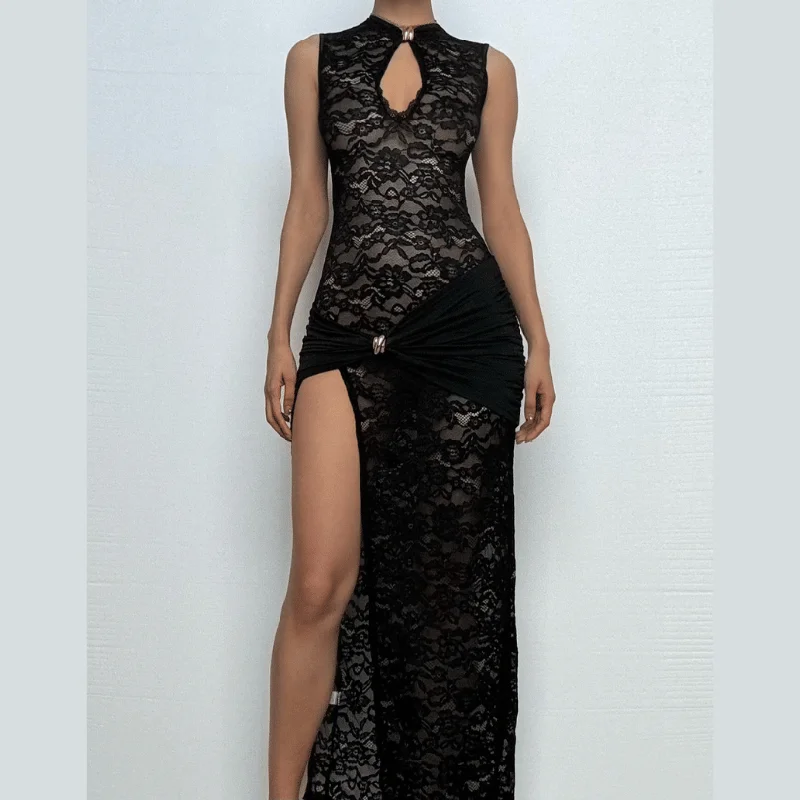 Lace ruched see through hollow out high slit cut out maxi dress Trendy Ruffled Maxi Dress