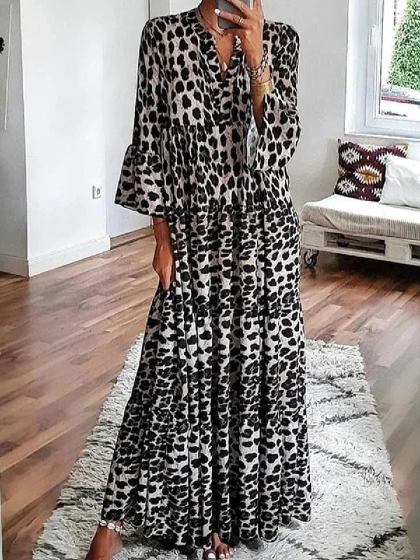 Leopard Printed V-Neck 3/4 Sleeve Loose Maxi Dress Trendy Maxi Dress with Straps