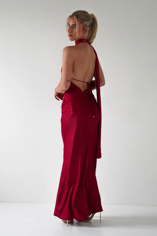 Lexi Backless Maxi Dress | Dark Red Elegant Tiered Maxi Dress