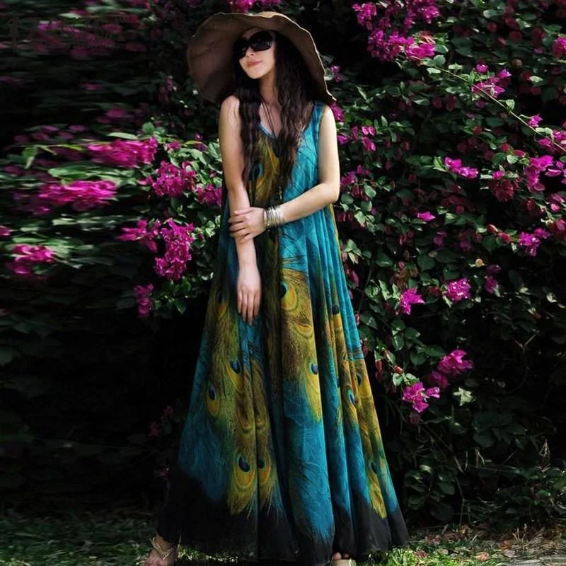 Blue Peacock Chiffon Boho Maxi Dress Comfortable Maxi Dress with Belt