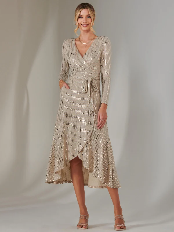 Long Sleeve Metallic Spot Maxi Dress, Beige Silver Stylish Button-Up Maxi Dress