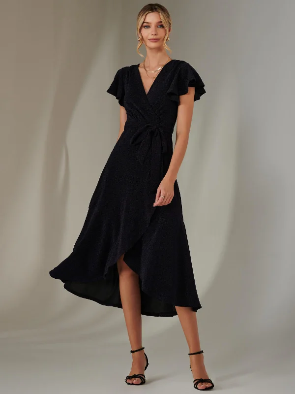 Marlie Metallic Angel Sleeve Maxi Dress, Navy Trendy Satin Maxi Dress