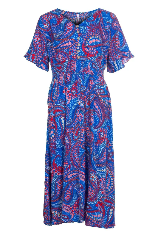 Maxi Dress with shirred waist | Cobalt Red Paisley | 3359A1 Fashionable Off-Shoulder Maxi Dress