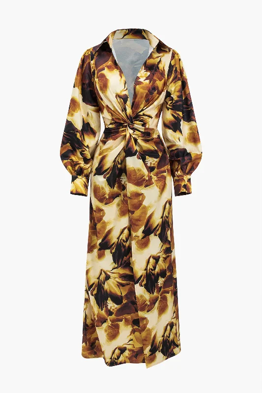 Floral Print Twist Knot Slit V-Neck Maxi Dress Stylish Longline Maxi Dress