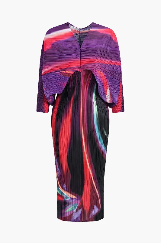 Abstract Print Pleated V-Neck Batwing Sleeve Maxi Dress Comfortable Casual Maxi Dress