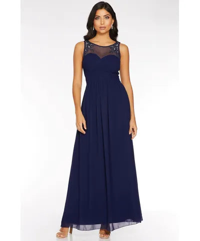 Mesh Embellished Sweetheart Neckline Maxi Dress Comfortable Maxi Dress with Belt