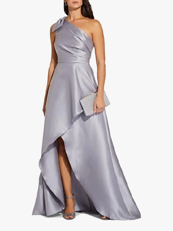 Mikado High Low Long Maxi Dress, Silver Elegant Pleated Maxi Dress