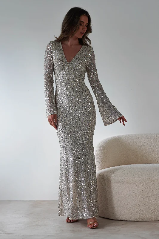 Nadalia Sequin Maxi Dress | Silver/Nude Cozy Knitted Maxi Dress