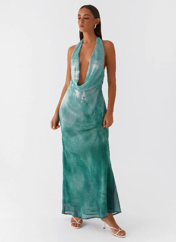 Nerissa Cowl Neck Maxi Dress - Green Tie Dye Chic Boho Print Maxi Dress