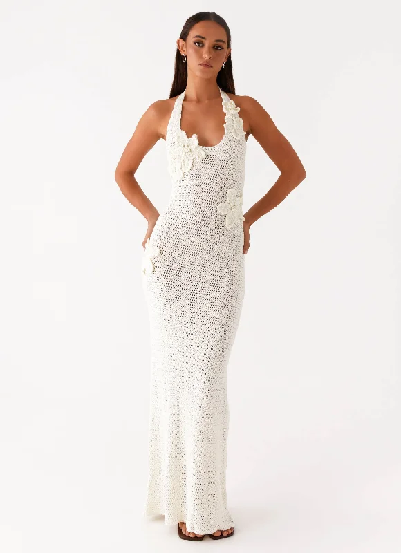 Novalee Flower Crochet Maxi Dress - Ivory Stylish Pleated A-Line Maxi Dress