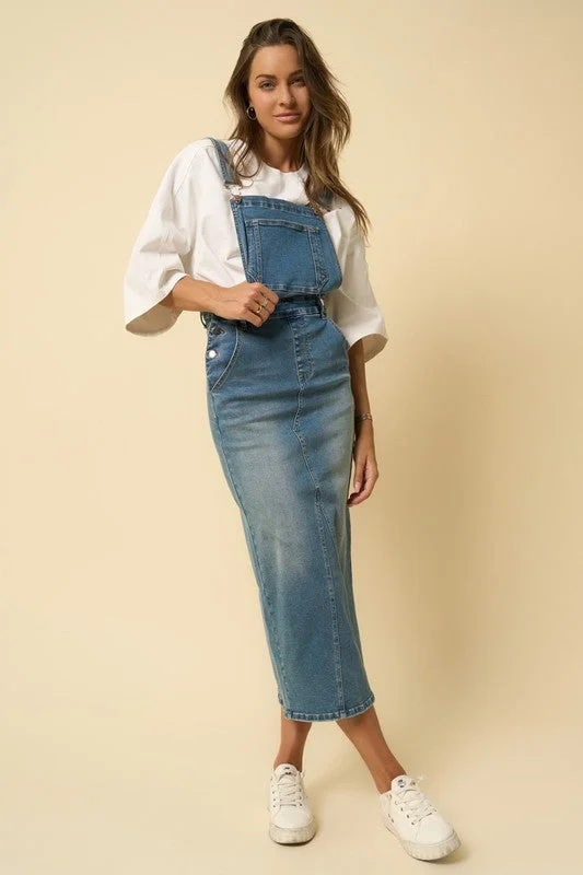 Denim Overalls Maxi Dress Elegant Maxi Dress with Drapes