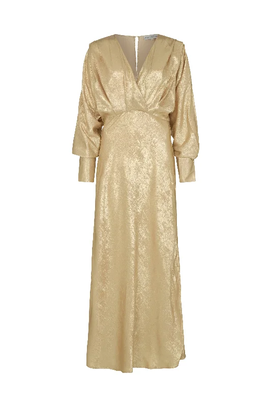 Paloma Metallic V-Neck Maxi Dress In Gold Classic Solid Maxi Dress