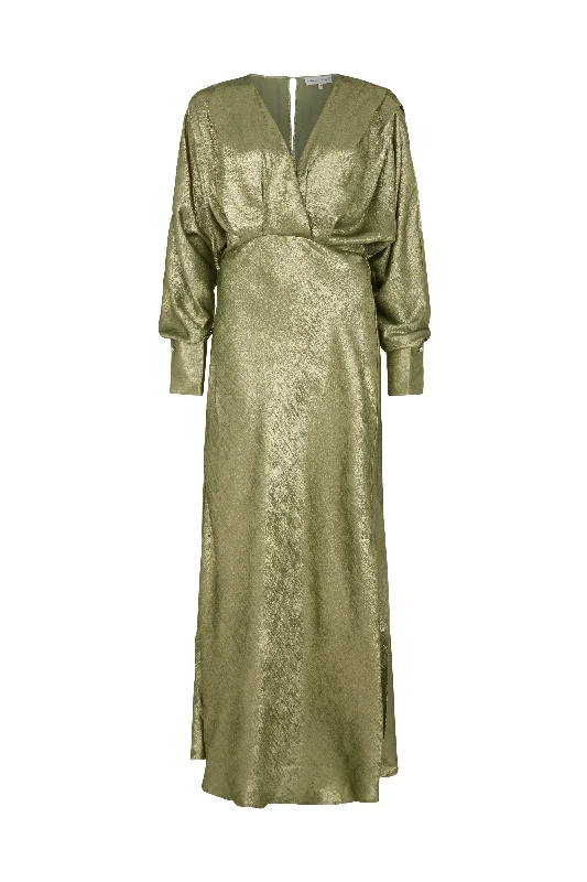 Paloma Metallic V-Neck Maxi Dress In Khaki Fashionable Sheer Maxi Dress