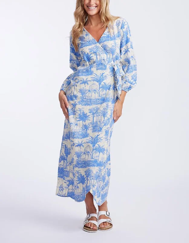 Porter Wrap Maxi Dress - Blue Palm Print Fashionable Sleeveless Maxi Dress